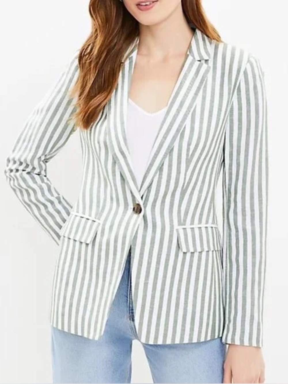 LOFT NWT Linen Blend Striped Blazer Size 14 Green White Single Button Modern